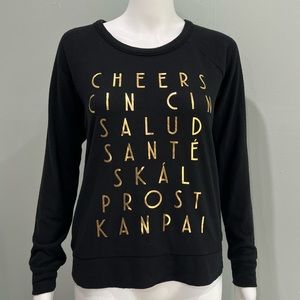 NWT CHASER Sweatshirt S Small Black Gold Shimmer Cheers Wine